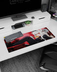 White-haired demon girl lounging with honey spoon on anime girl mouse pad 32x12 inches, crimson eyes.