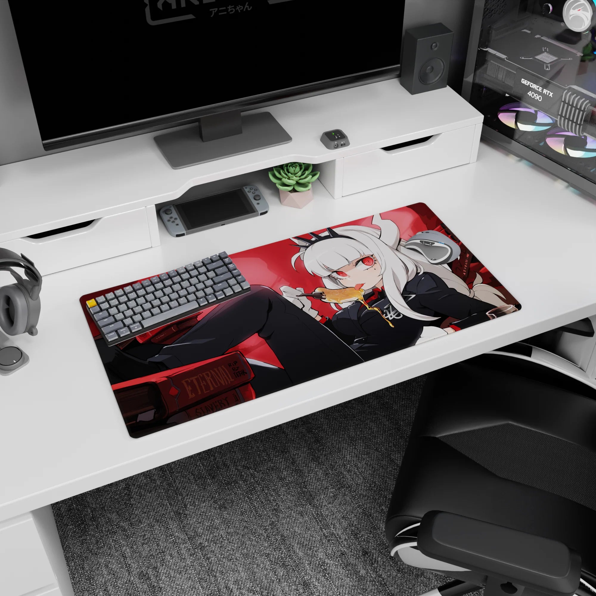 32x16 inches anime girl mouse pad showing crimson-eyed demon girl lounging on desk with honey drip and skull.