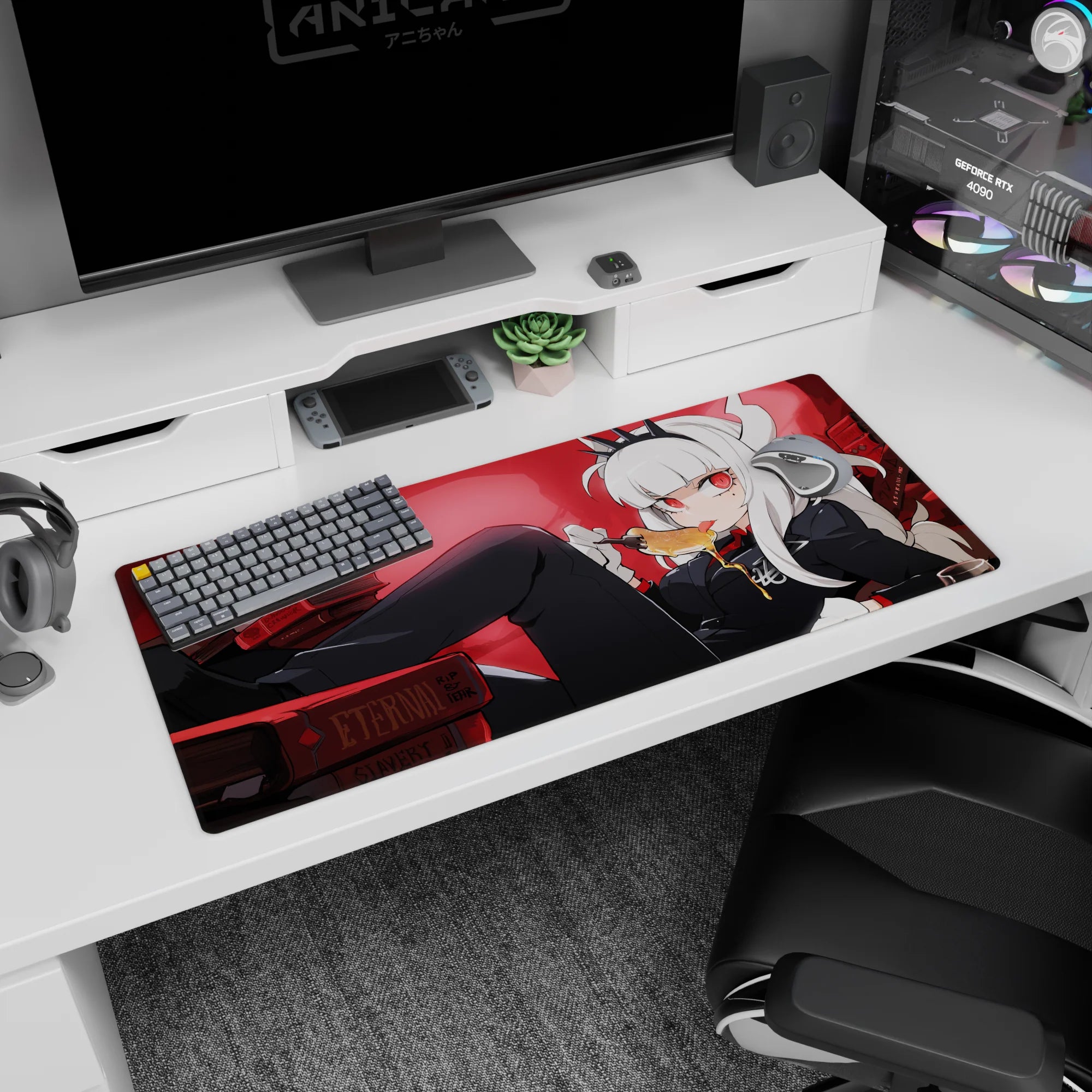White-haired crimson-eyed demon girl lounging with honey spoon on anime desk pad 36x16 inches.