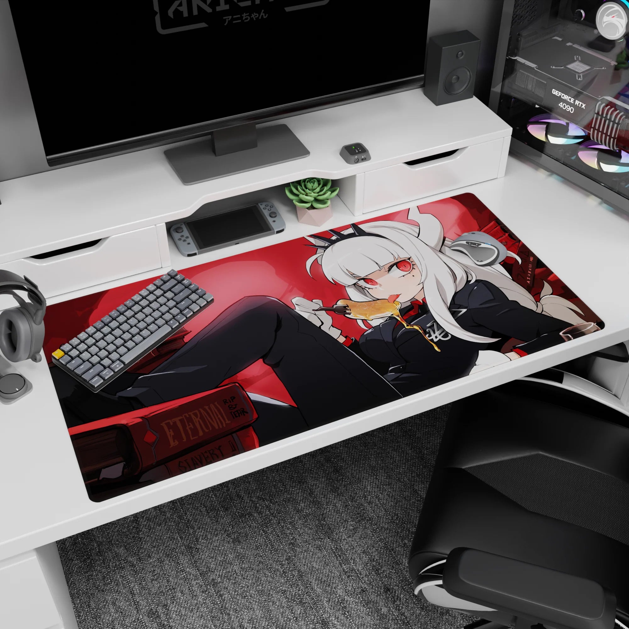 White-haired demon girl lounging with honey spoon on anime desk pad 40x20 inches, stacks of books behind.