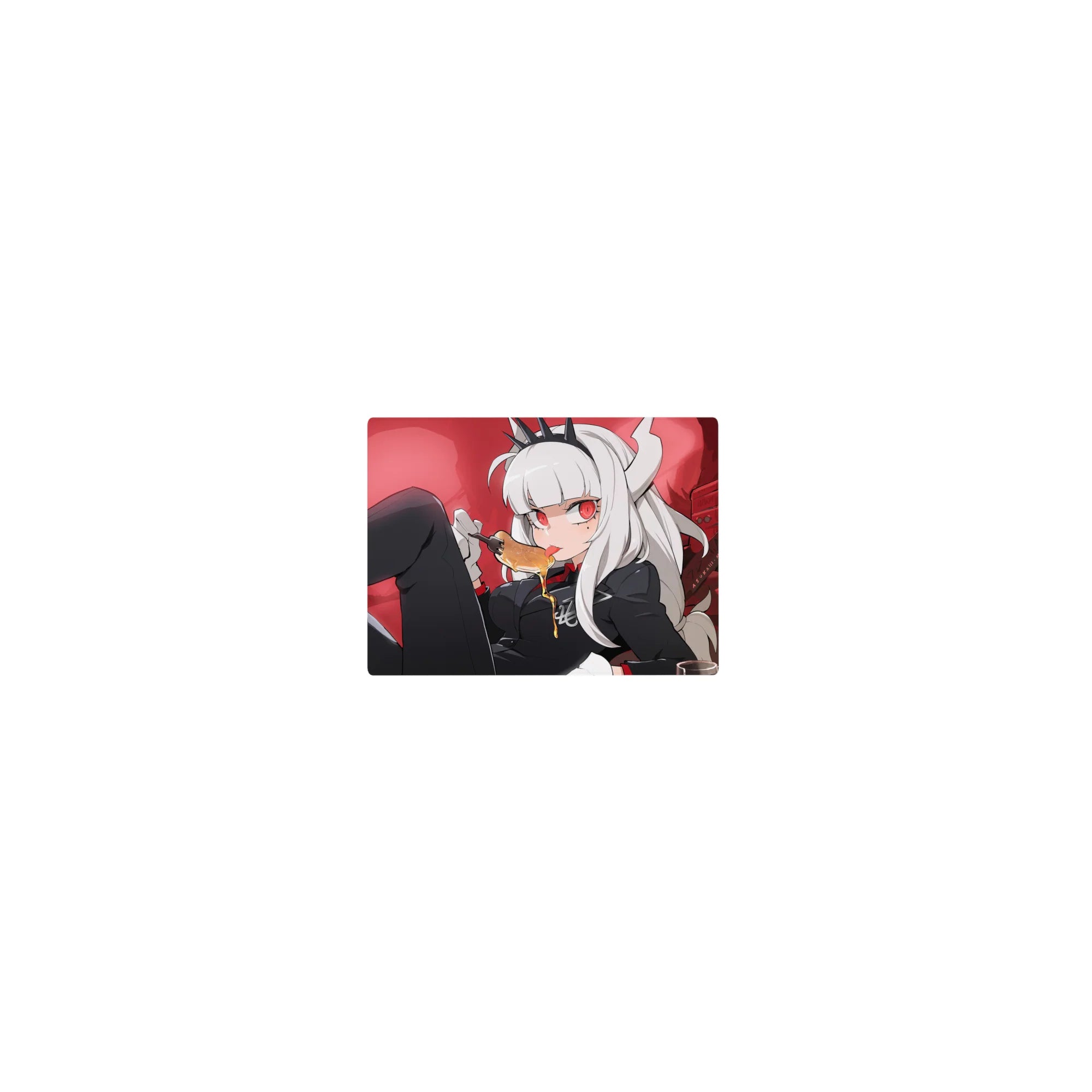 Classic anime girl mouse pad 14x10 inches with white-haired demon girl, horns, crown, books and skull decor.
