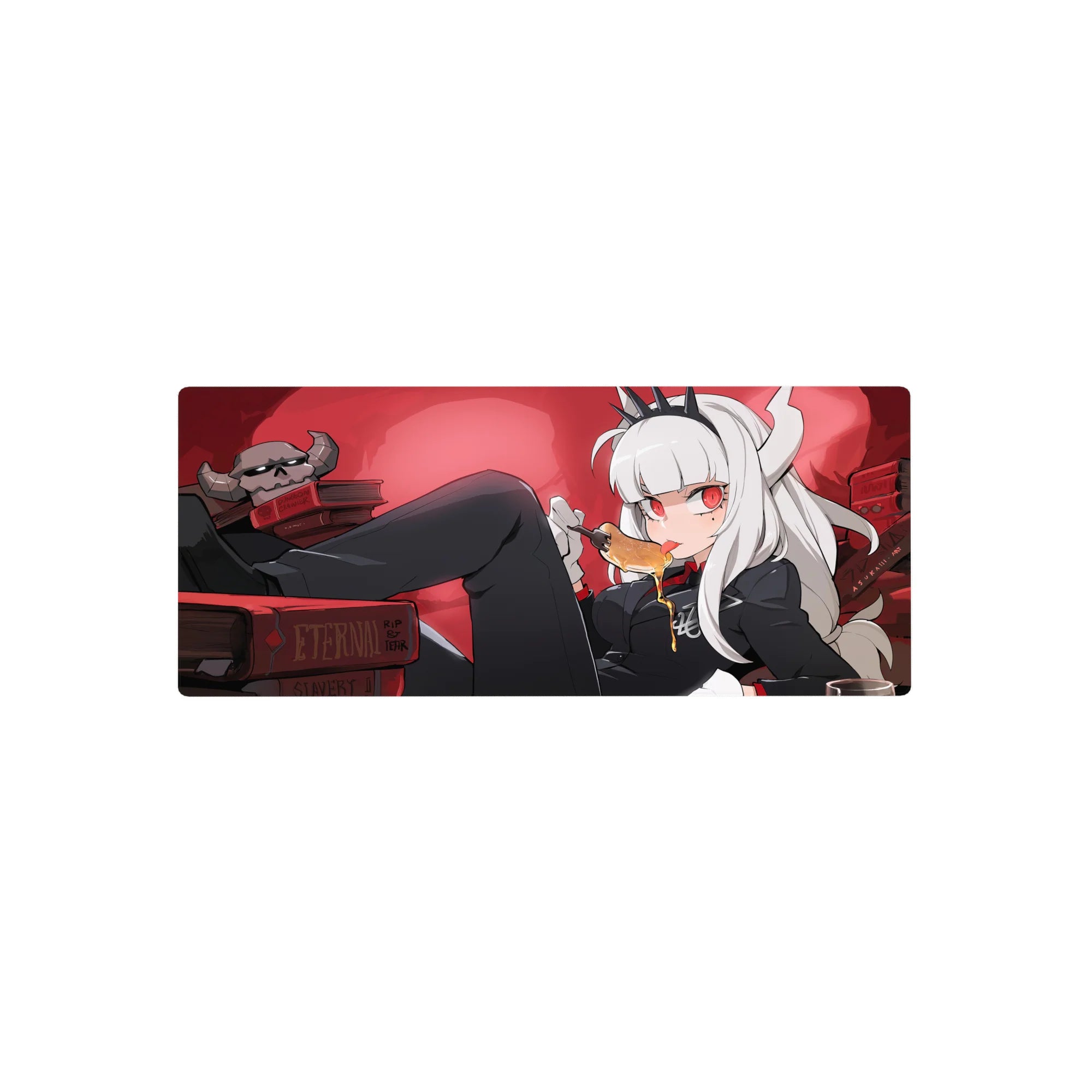 28x12 inches anime girl mouse pad with white-haired demon girl, horns, crown, books, and skull decor.