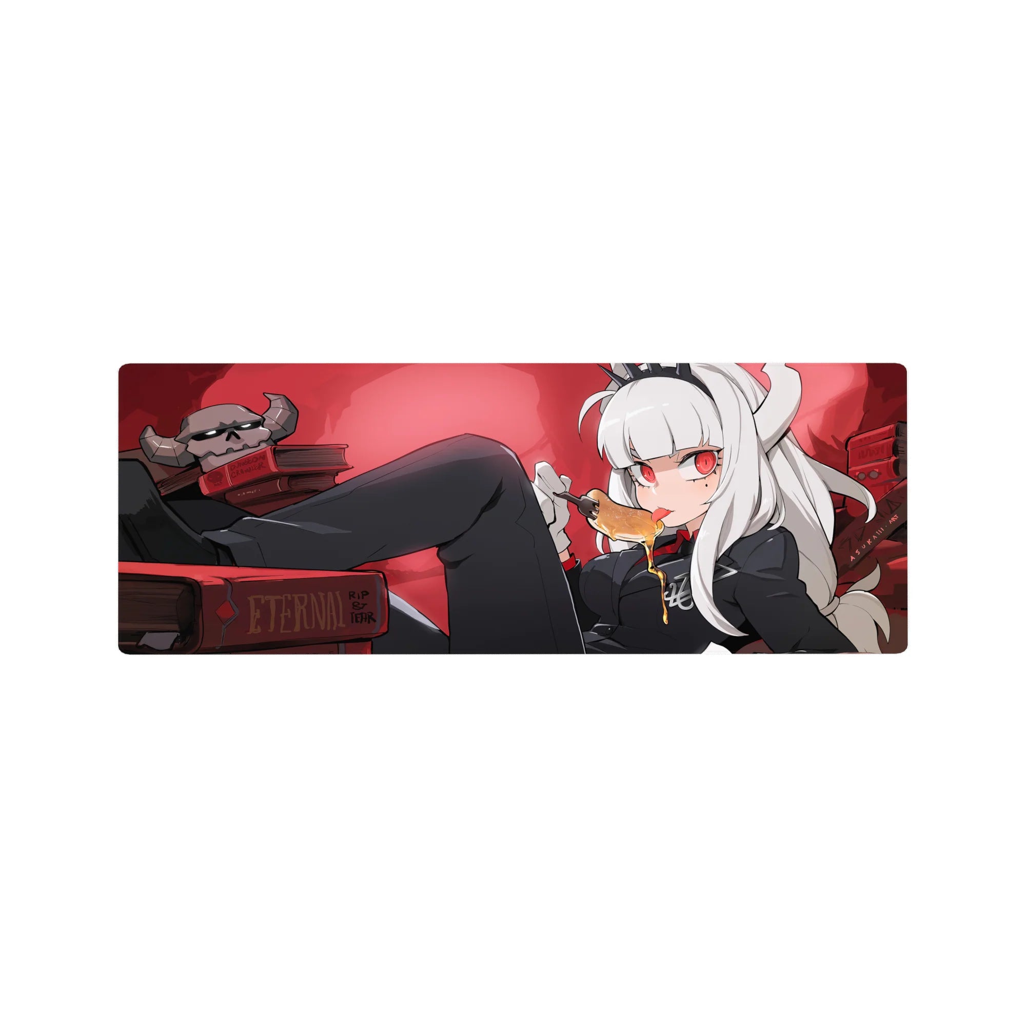Anime girl mouse pad 32x12 inches with white-haired demon girl, horns, spiky crown, books and skull decor.