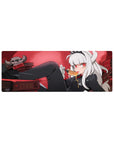 Anime girl mouse pad 32x12 inches with white-haired demon girl, horns, spiky crown, books and skull decor.
