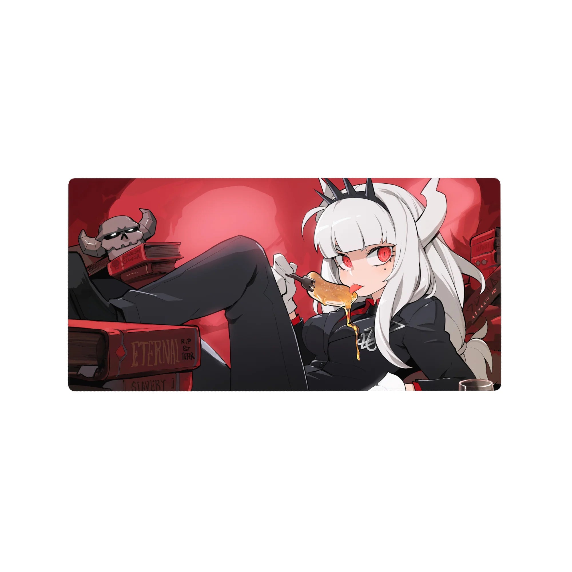 32x16 inches anime girl mouse pad with white-haired demon girl, horns, crown, books, and honey spoon.