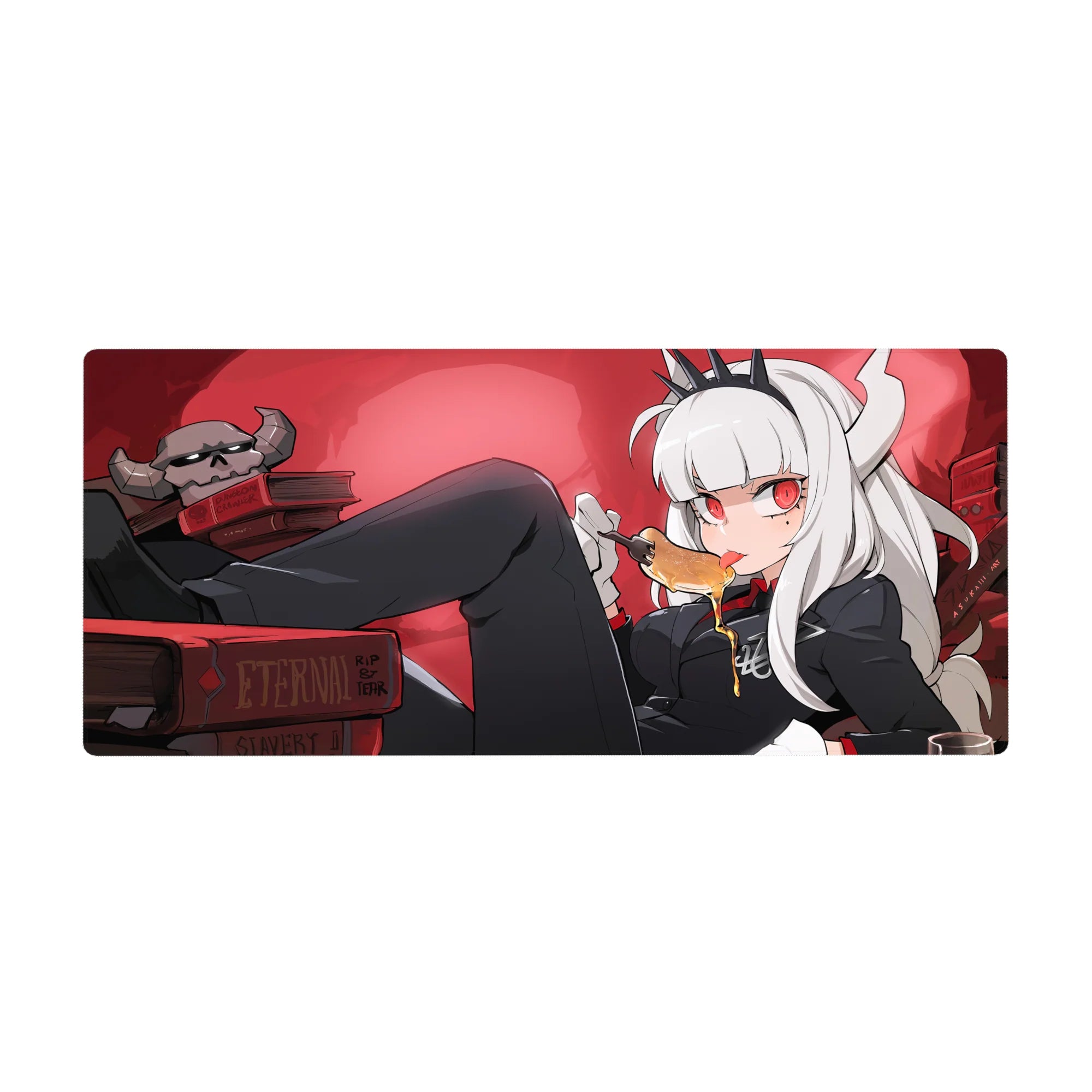 Anime girl desk pad 36x16 inches with white-haired demon girl, tiny horns, crown, books and skull decor.
