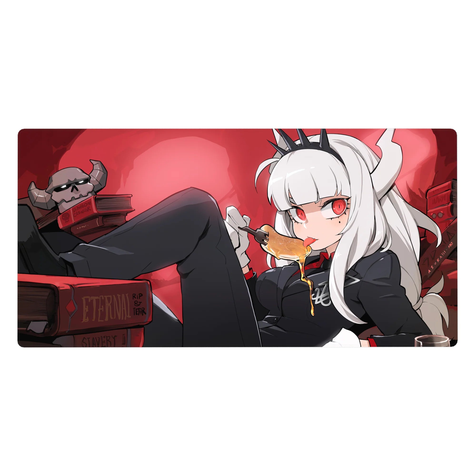 Anime demon girl desk pad 40x20 inches with white hair, crimson eyes, horns, crown, books and skull decor.