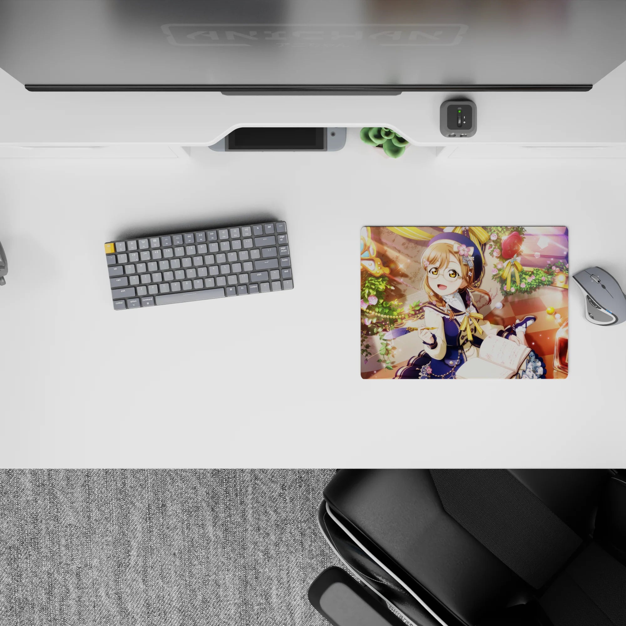 Cozy honey-gold and rose glow anime girl mouse pad 14x10 inches with dreamy bokeh café vibe.