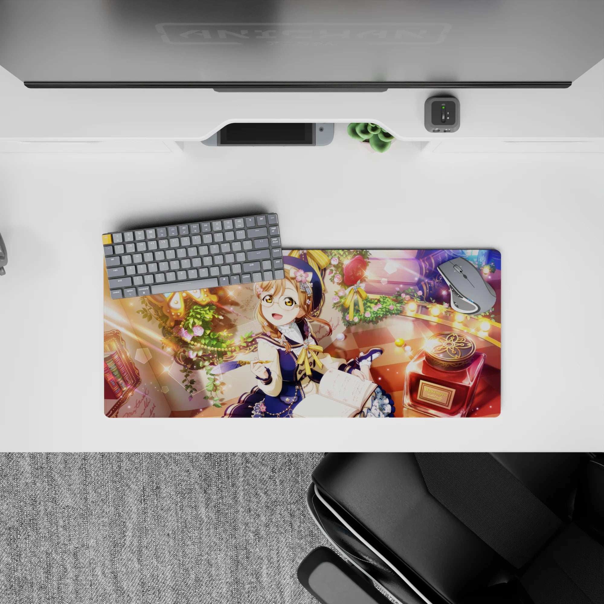 28x12 inches anime mouse pad in warm honey light with navy and cream tones and dreamy sparkly bokeh.