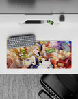 28x12 inches anime mouse pad in warm honey light with navy and cream tones and dreamy sparkly bokeh.