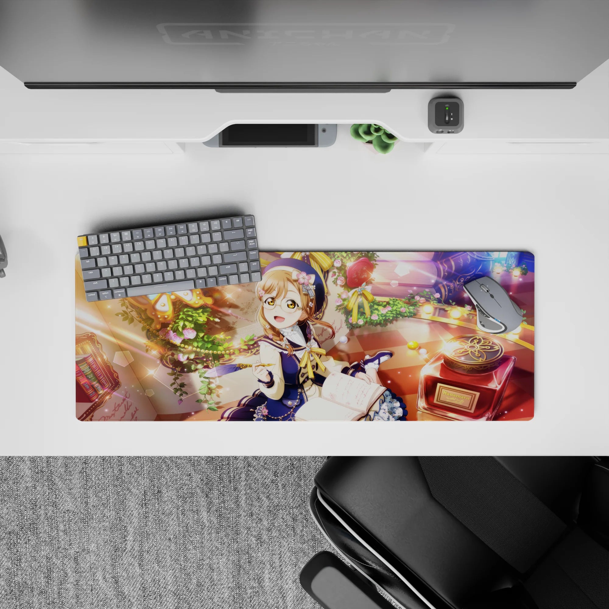Warm honey light anime girl mouse pad 32x12 inches in navy and cream with rose garlands and dreamy glow.