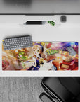 Warm honey light anime girl mouse pad 32x12 inches in navy and cream with rose garlands and dreamy glow.
