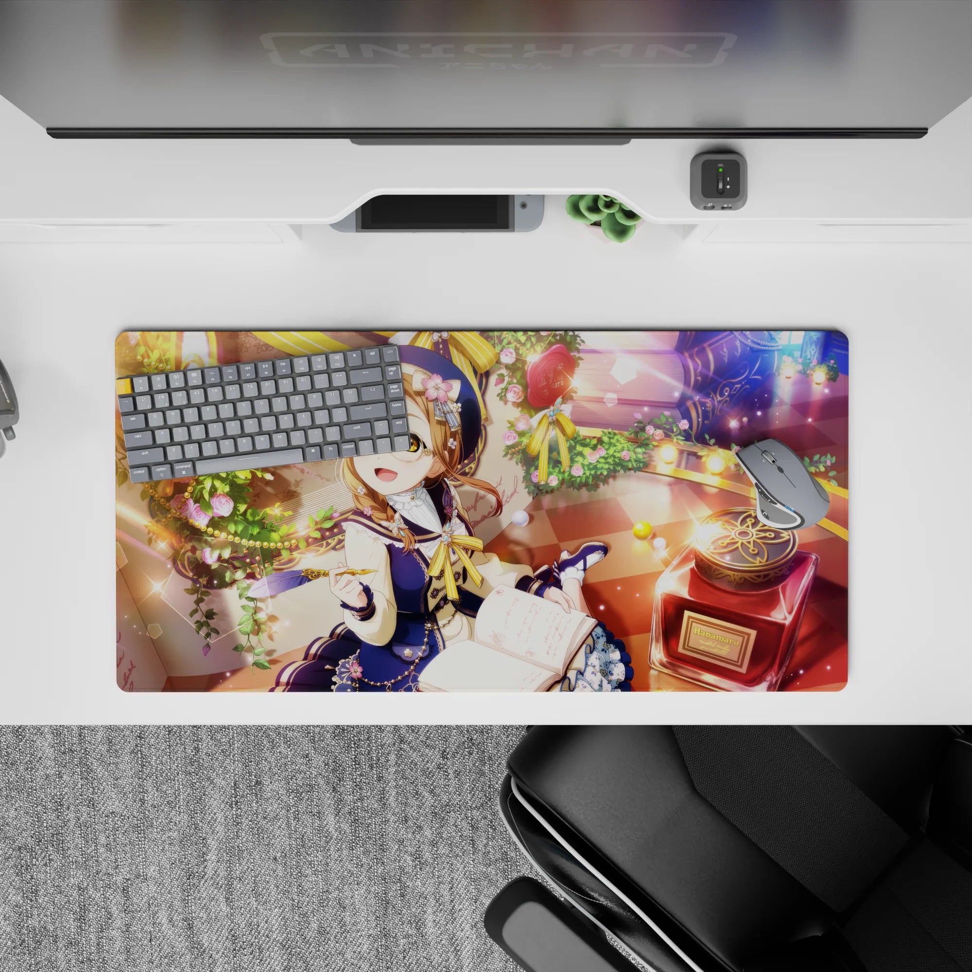 32x16 inches anime girl mouse pad in warm honey light, navy and cream tones, dreamy bokeh glow.