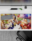32x16 inches anime girl mouse pad in warm honey light, navy and cream tones, dreamy bokeh glow.