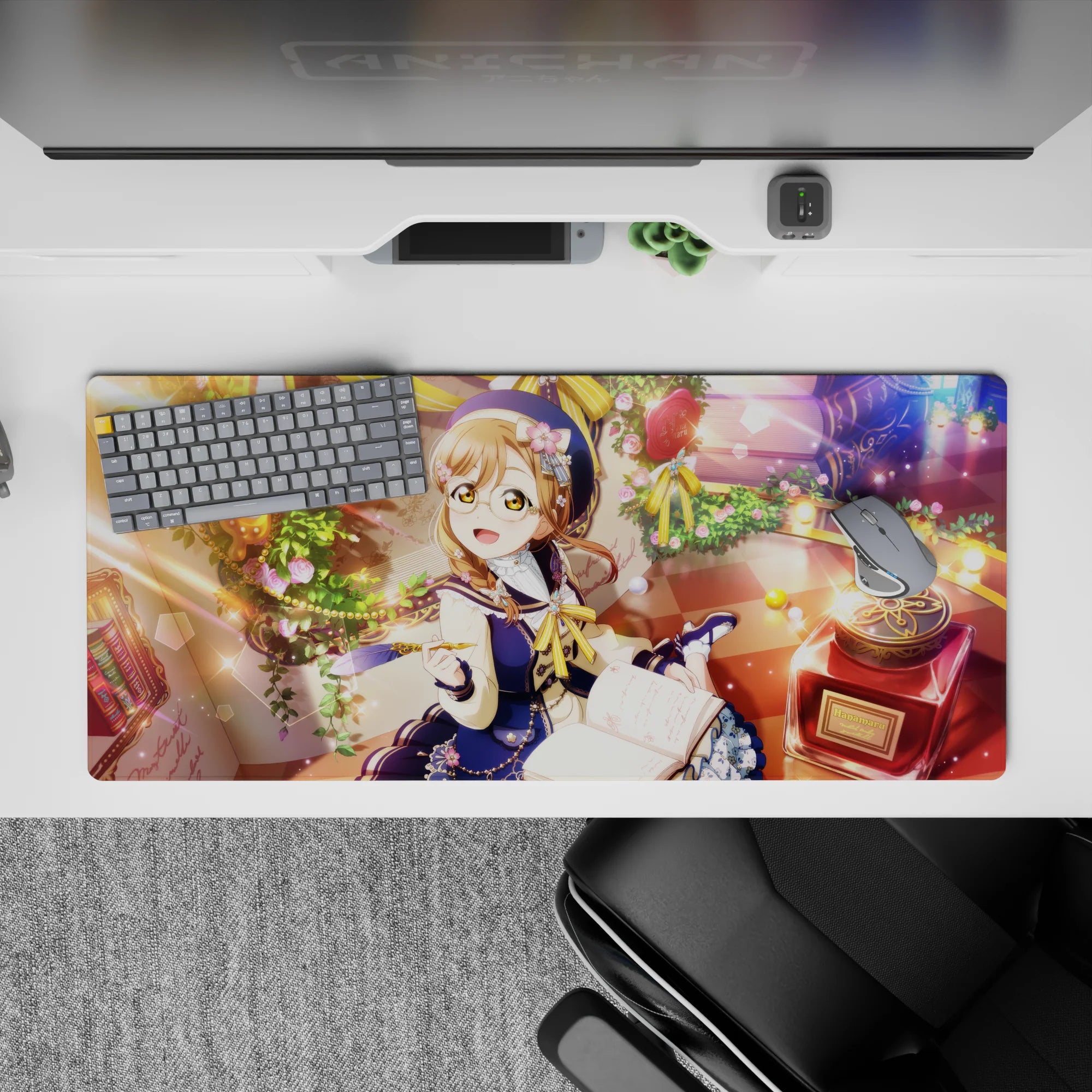 36x16 inches anime desk pad in warm honey light with navy and cream tones, cozy storybook mood.