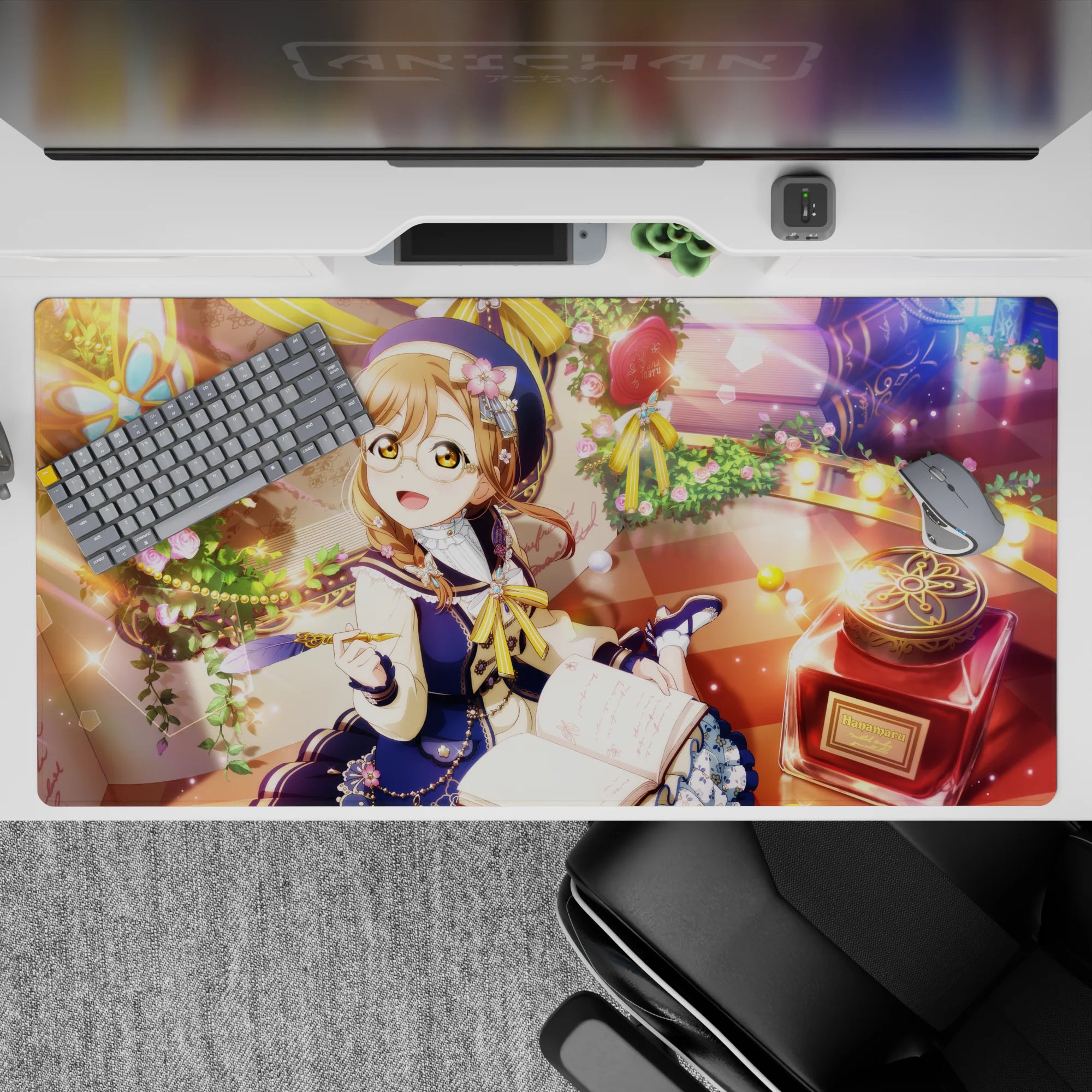 Warm honey glow anime desk pad 40x20 inches in navy and cream, dreamy roses, sparkly bokeh, storybook mood.