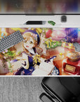 Warm honey glow anime desk pad 40x20 inches in navy and cream, dreamy roses, sparkly bokeh, storybook mood.