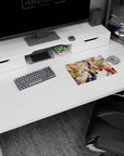 Glasses-wearing anime girl at a desk scene mouse pad 14x10 inches with ink bottle and open journal.