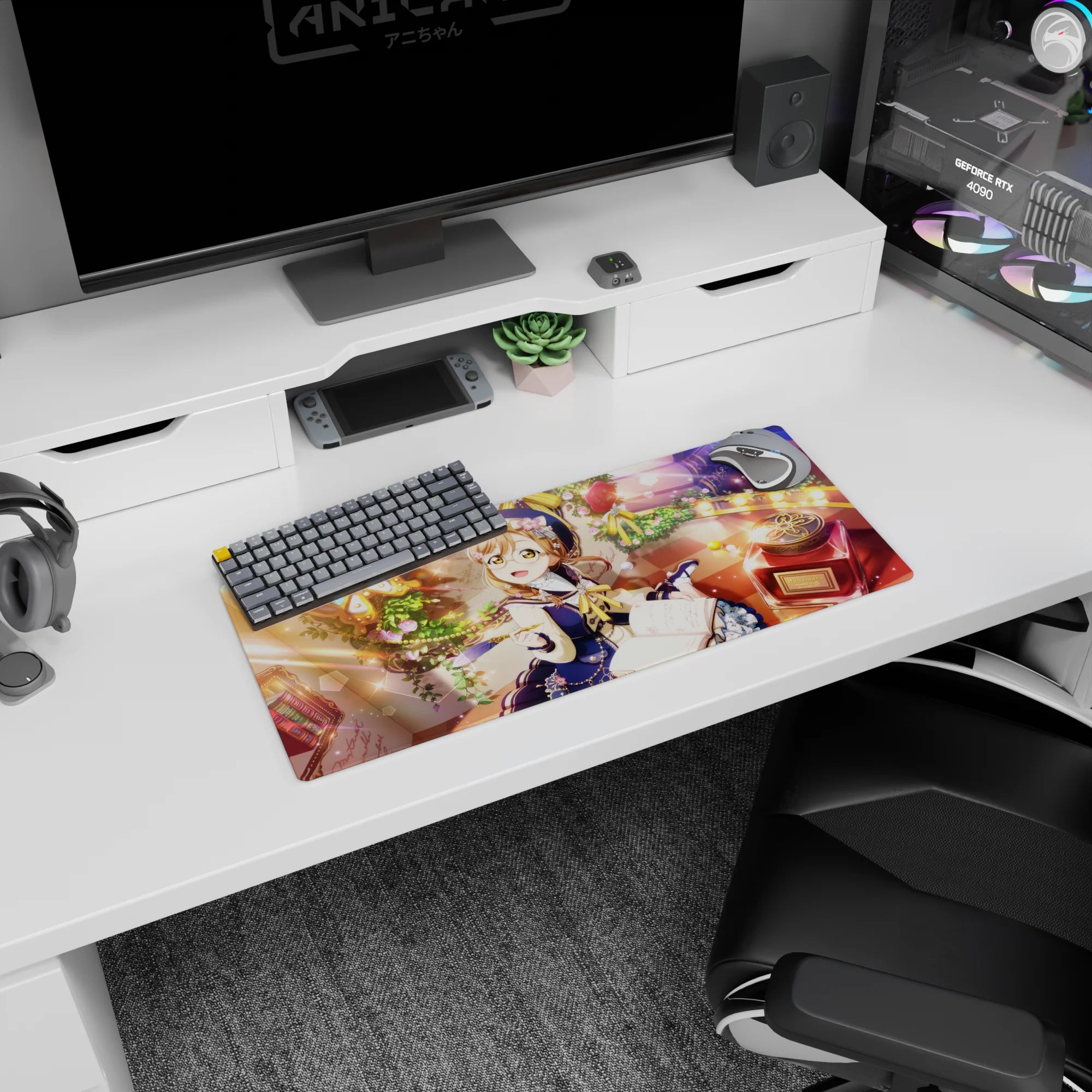 28x12 inches mouse pad featuring a glasses-wearing anime girl by an open journal and ink bottle on checker floor.