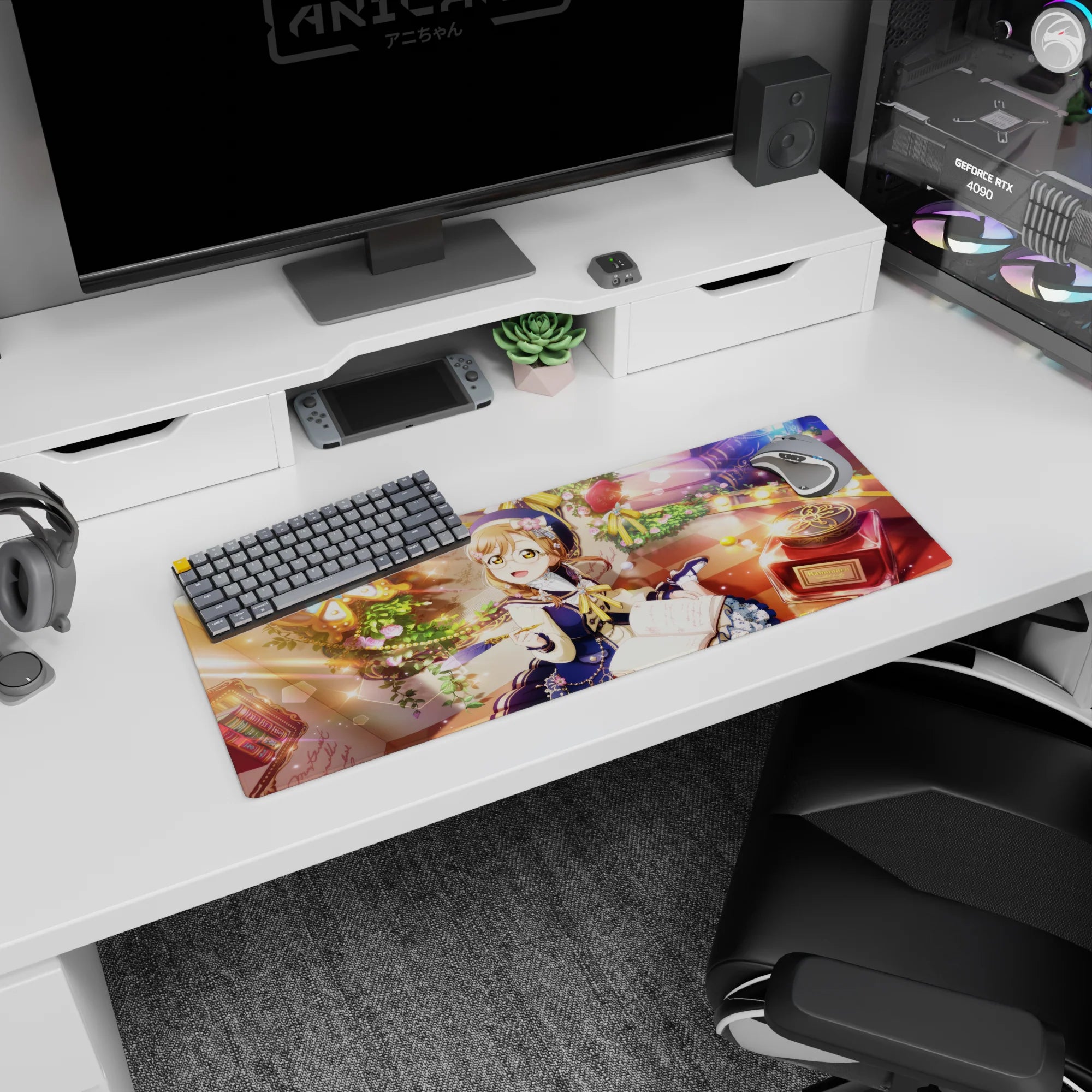 Glasses-wearing anime girl at open journal and ink bottle on checker floor mouse pad 32x12 inches.