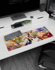 Glasses-wearing anime girl at open journal and ink bottle on checker floor mouse pad 32x12 inches.