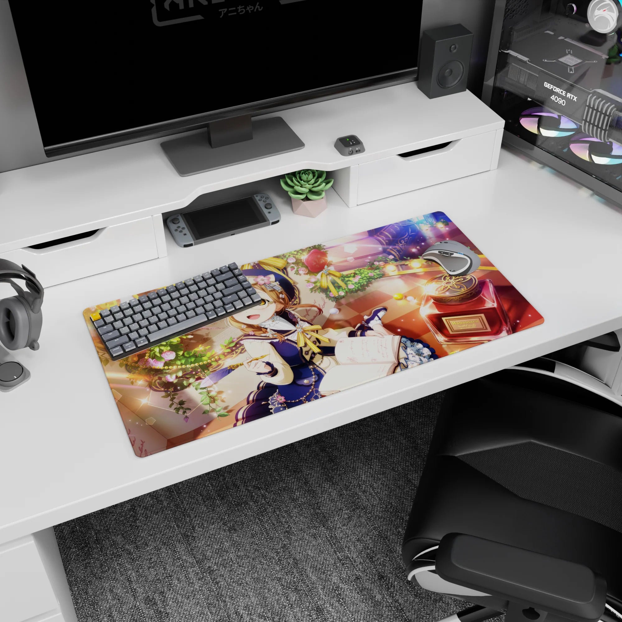 32x16 inches mouse pad showing glasses-wearing anime girl over checker floor with ink bottle and open journal.
