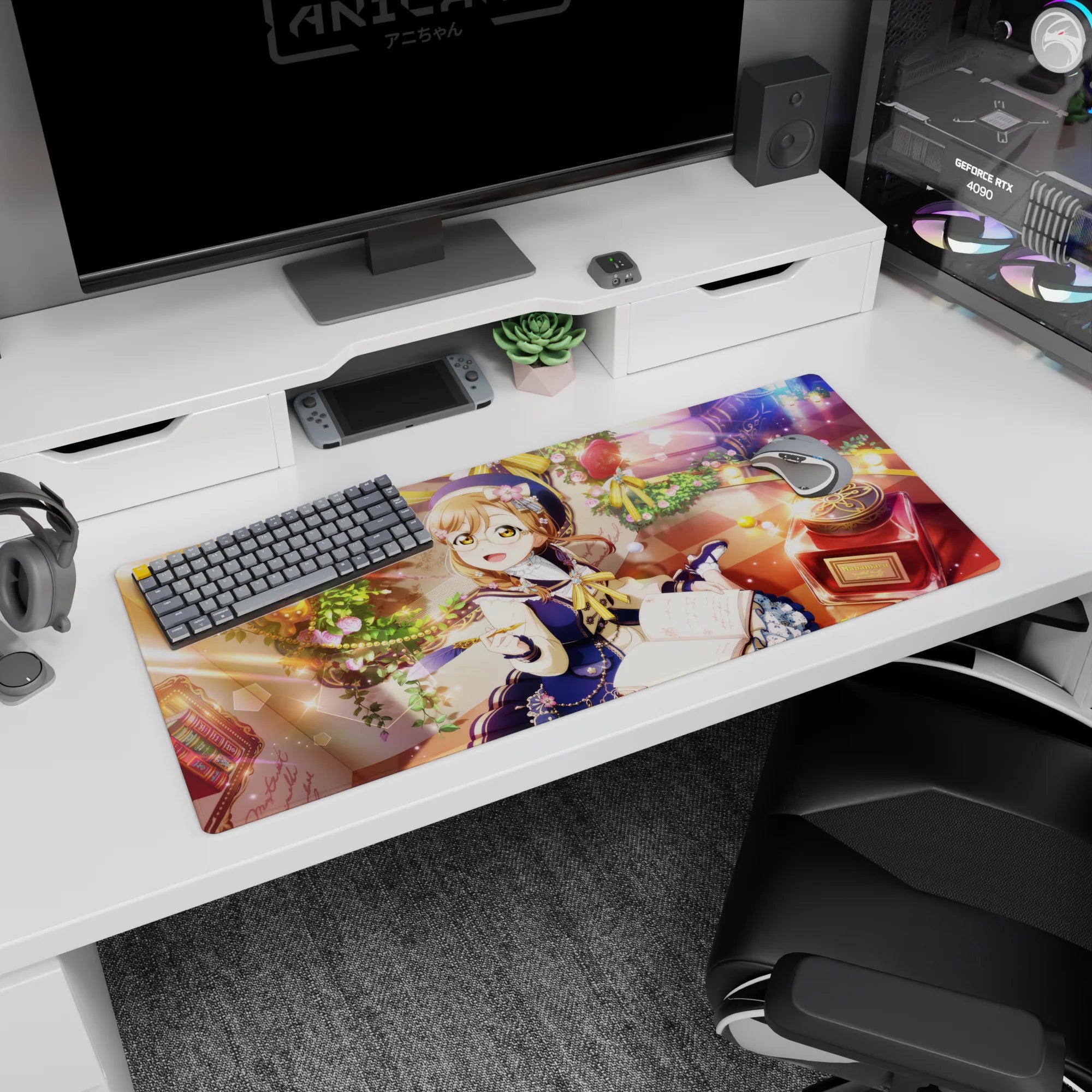 36x16 inches anime girl mouse pad showing a glasses girl by an open journal and ink bottle on a checker floor.