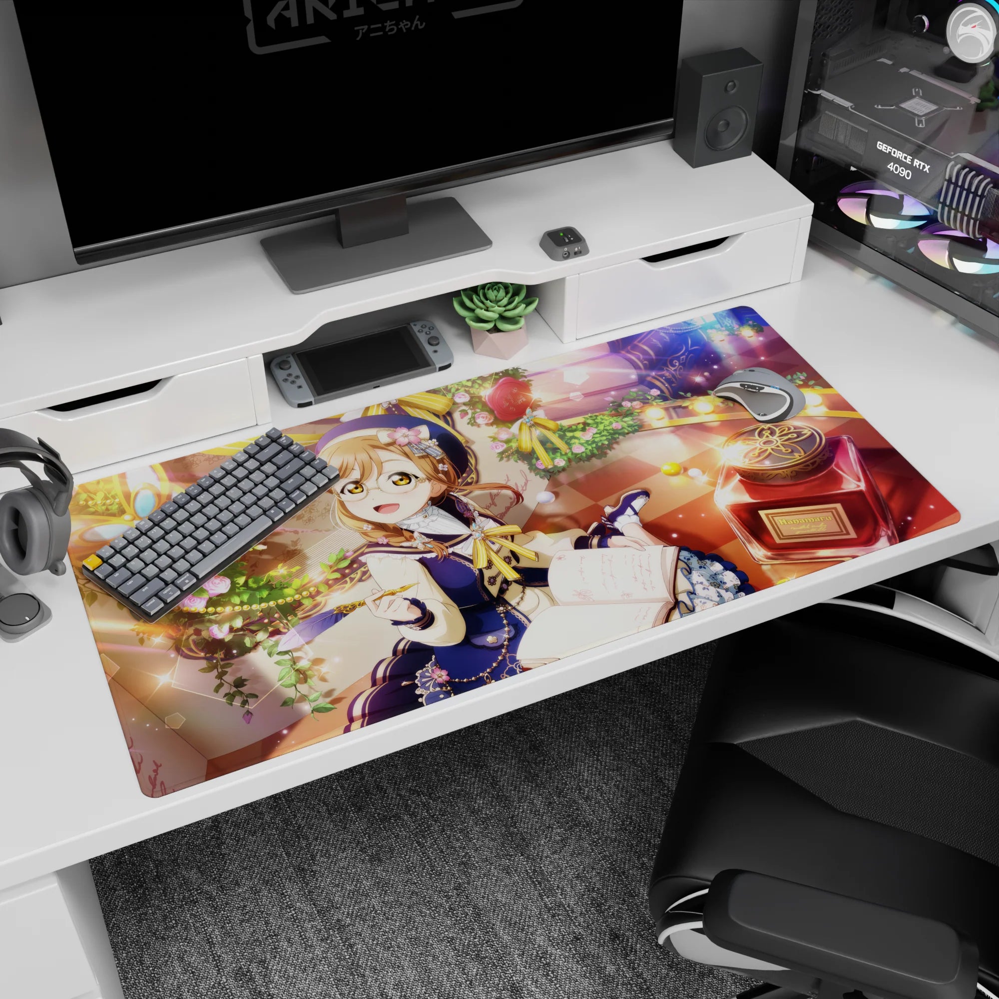Glasses-wearing anime girl at checker-floor café desk pad 40x20 inches with open journal and ink bottle.