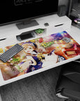 Glasses-wearing anime girl at checker-floor café desk pad 40x20 inches with open journal and ink bottle.