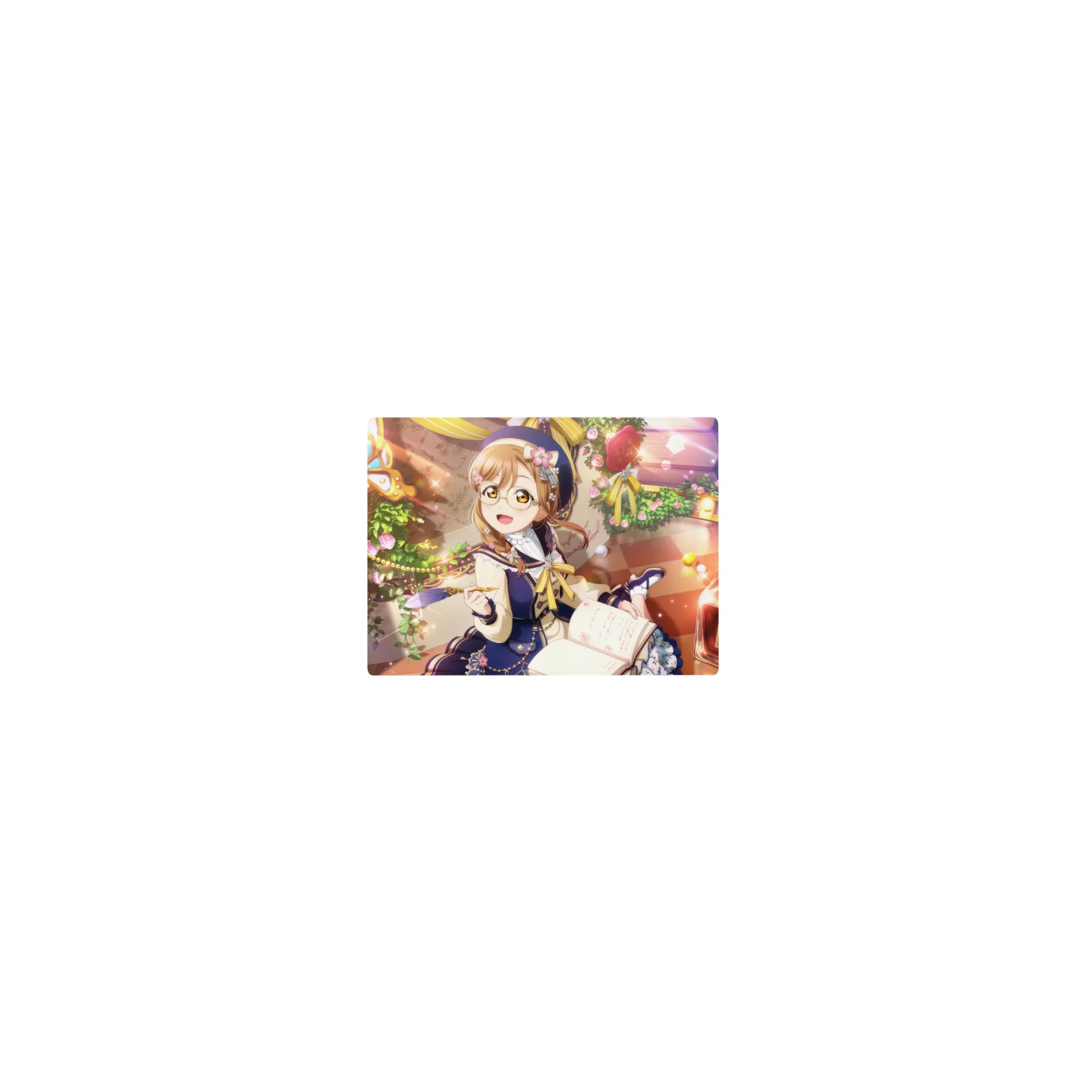 Classic anime girl mouse pad 14x10 inches with glasses girl, ribbons, roses, journal and checker floor.