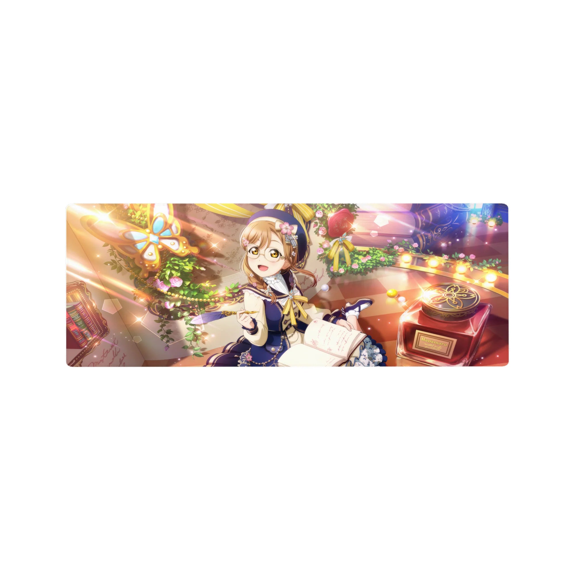 Anime girl mouse pad 32x12 inches with glasses girl, ribbons, roses, bokeh, and cozy desk café scene.