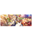 Anime girl mouse pad 32x12 inches with glasses girl, ribbons, roses, bokeh, and cozy desk café scene.