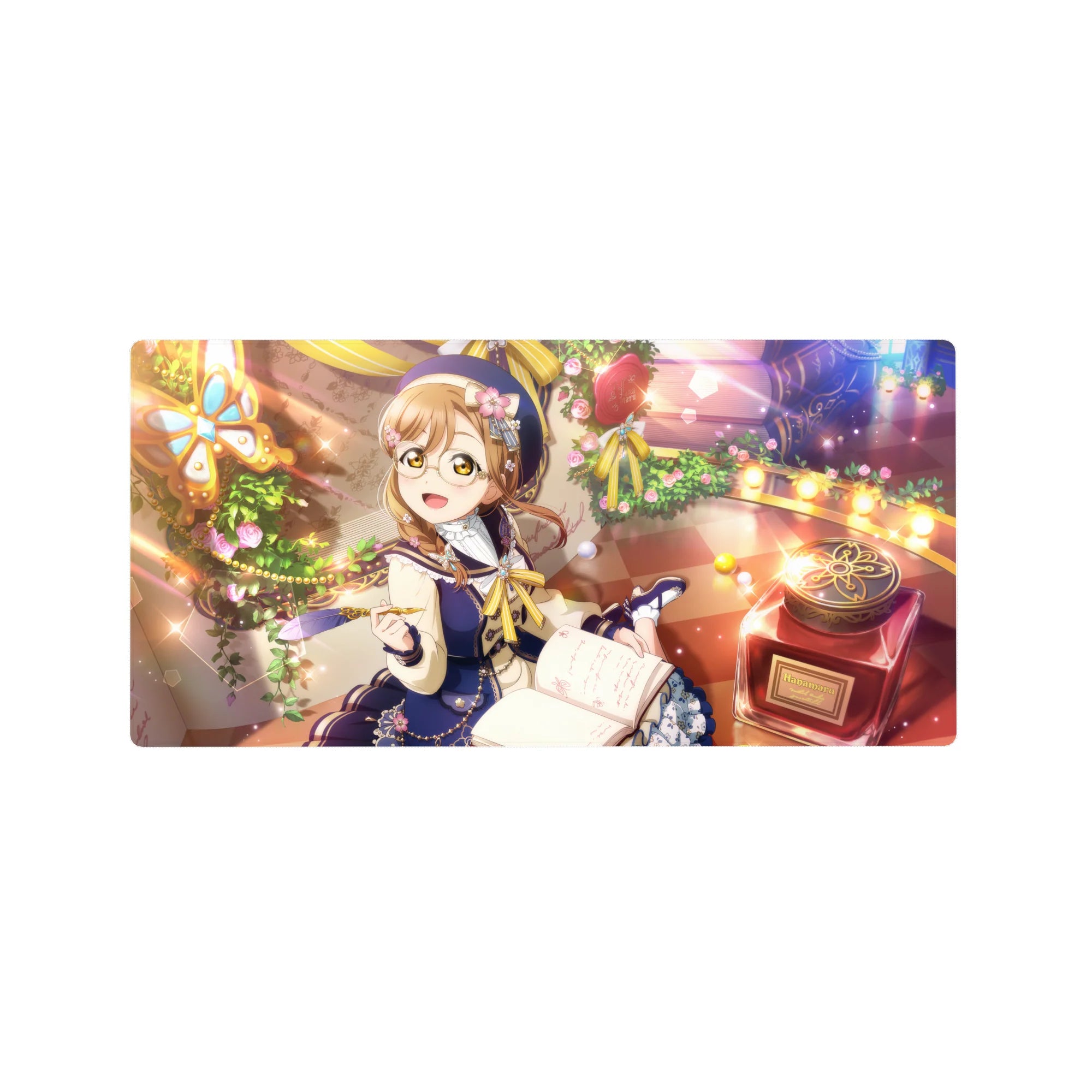 32x16 inches anime girl mouse pad with glasses, ribbons, rose garlands, journal and café desk scene.