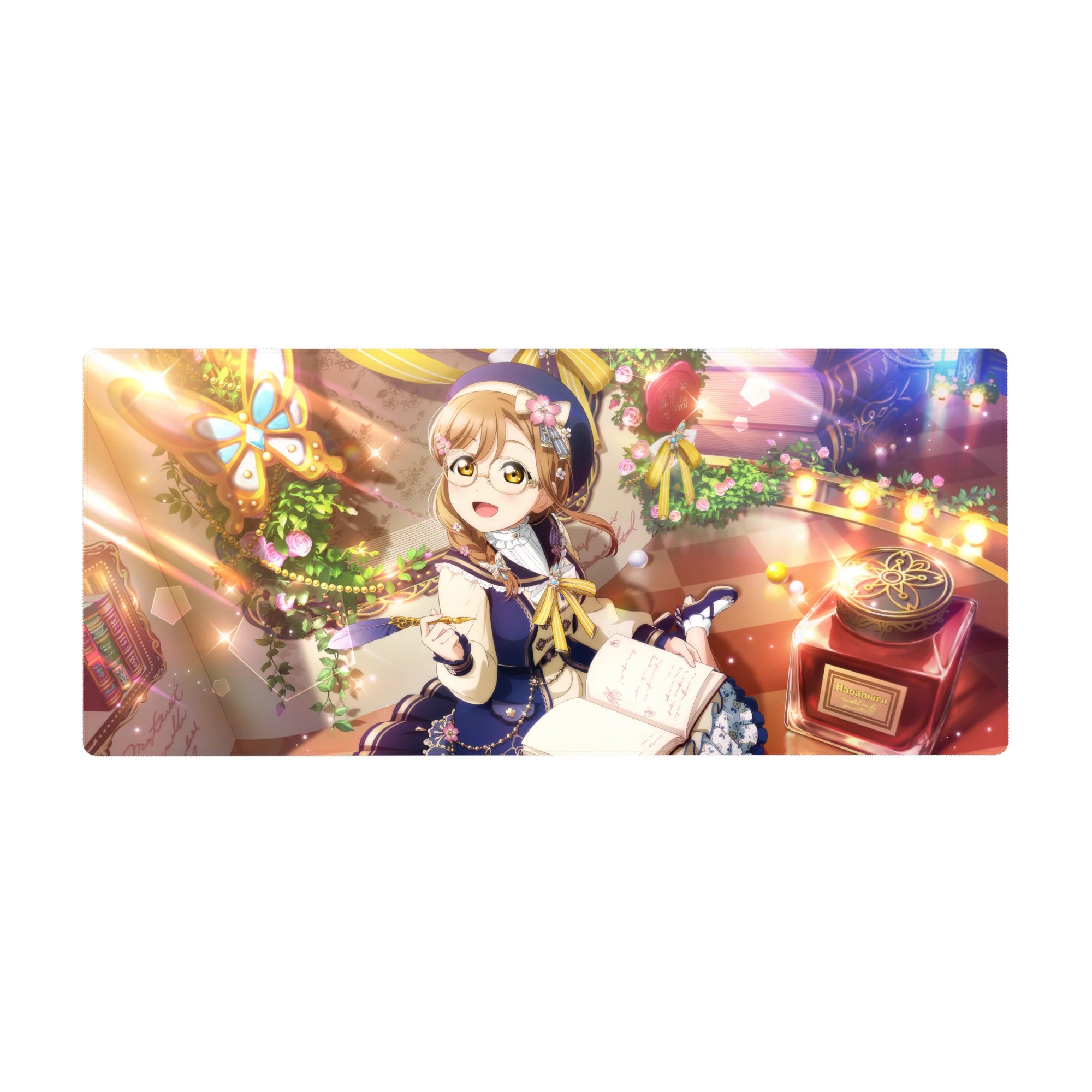 36x16 inches anime girl desk pad with glasses, ribbons, rose garlands, and sparkly bokeh café scene.