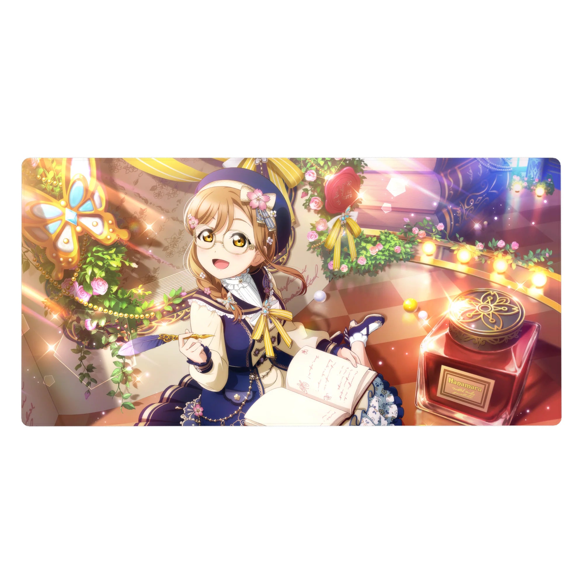 Anime girl desk pad 40x20 inches with glasses, ribbons, rose garlands, bokeh, and cozy café journal scene.