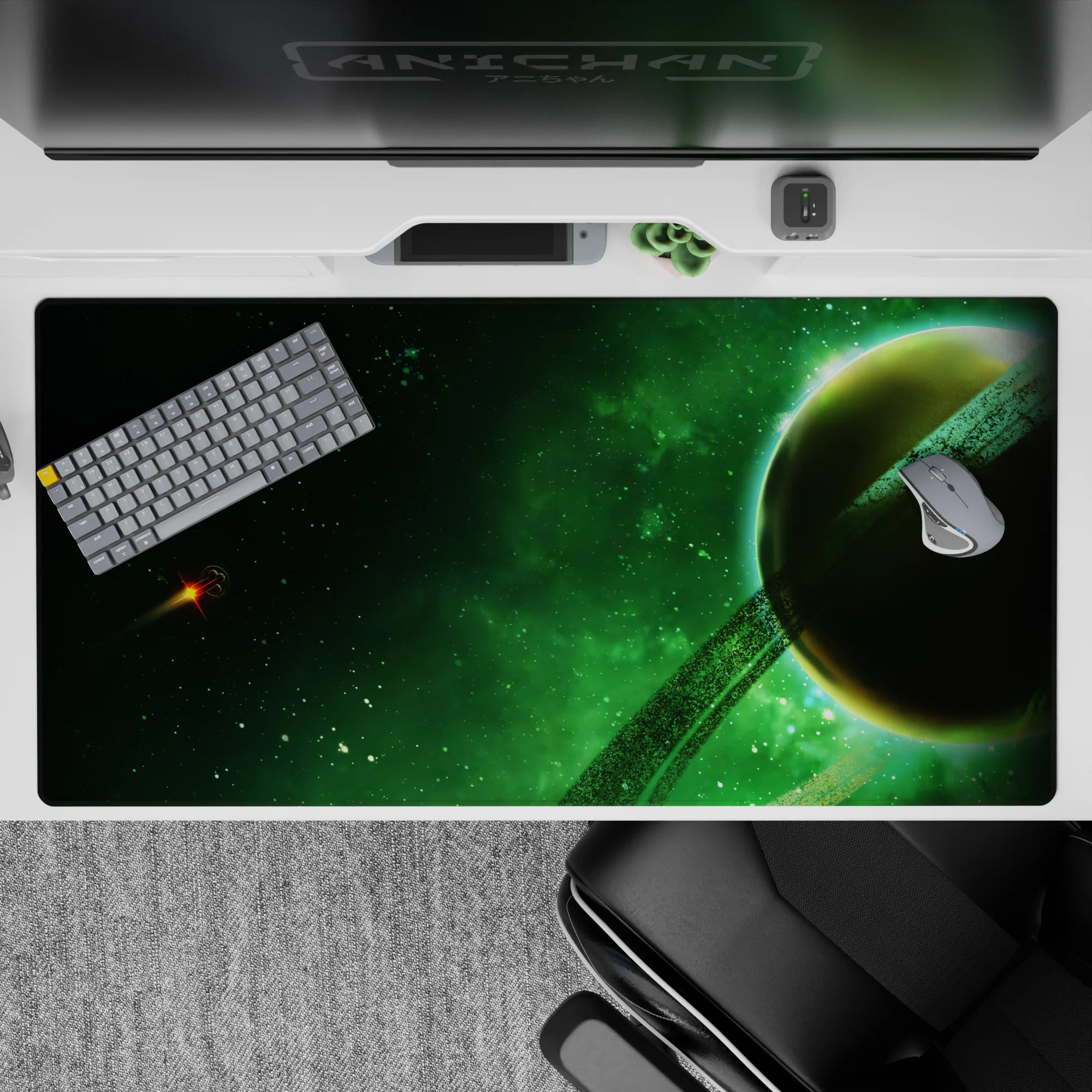 Smoky emerald space desk pad 40x20 inches, dark star-speckled pattern with calm late-night mood.