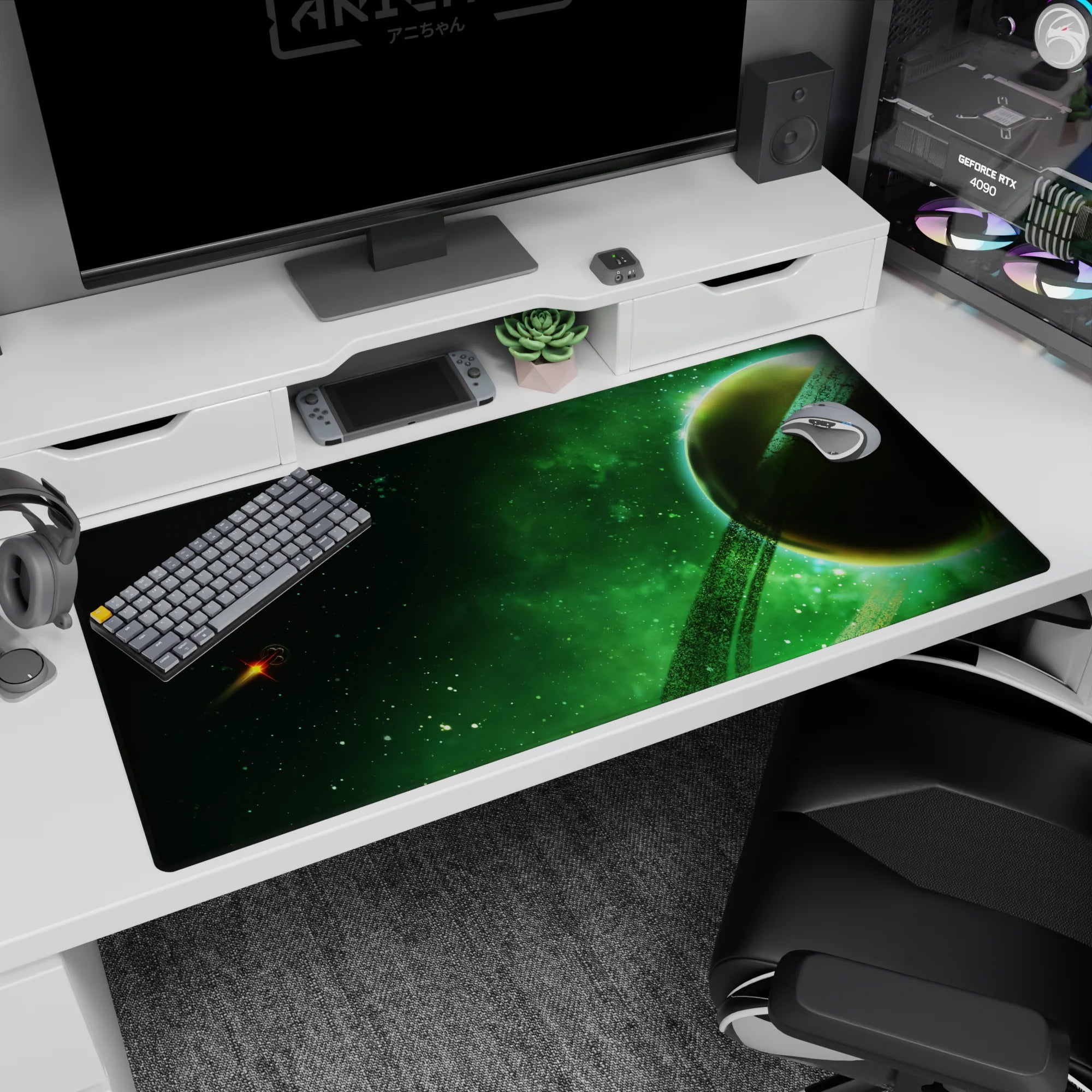 Ringed planet and streaking spaceship scene desk pad 40x20 inches on a speckled deep green cosmos.