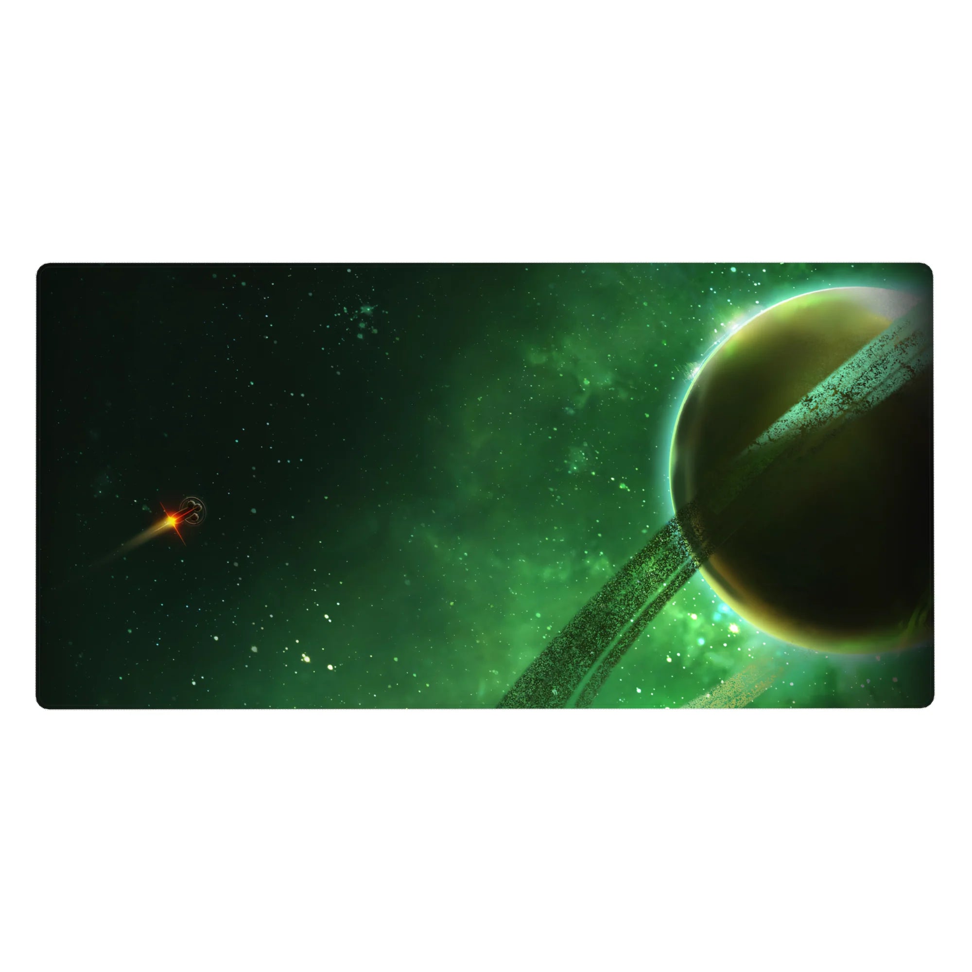 Deep green galaxy desk pad 40x20 inches with stardust freckles, ringed planet, and tiny ship trail.