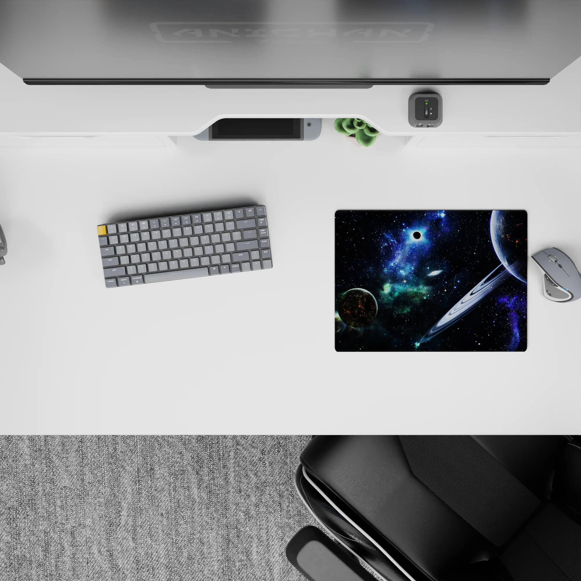 Neon blues on deep black with green nebula haze, dreamy sci-fi mouse pad, 14x10 inches.