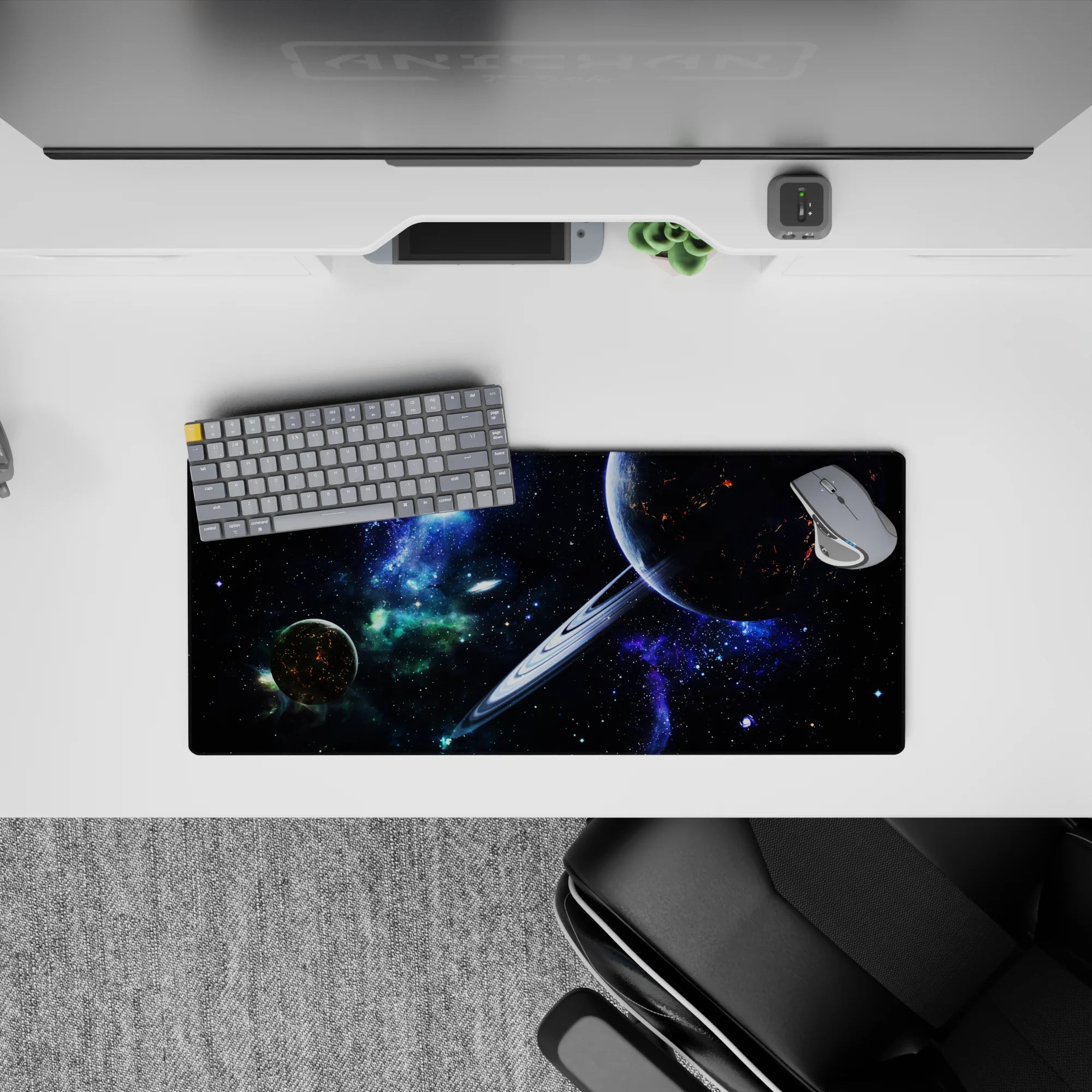 Neon blues on deep black with green nebula haze, 28x12 inches mouse pad with dreamy sci-fi mood.