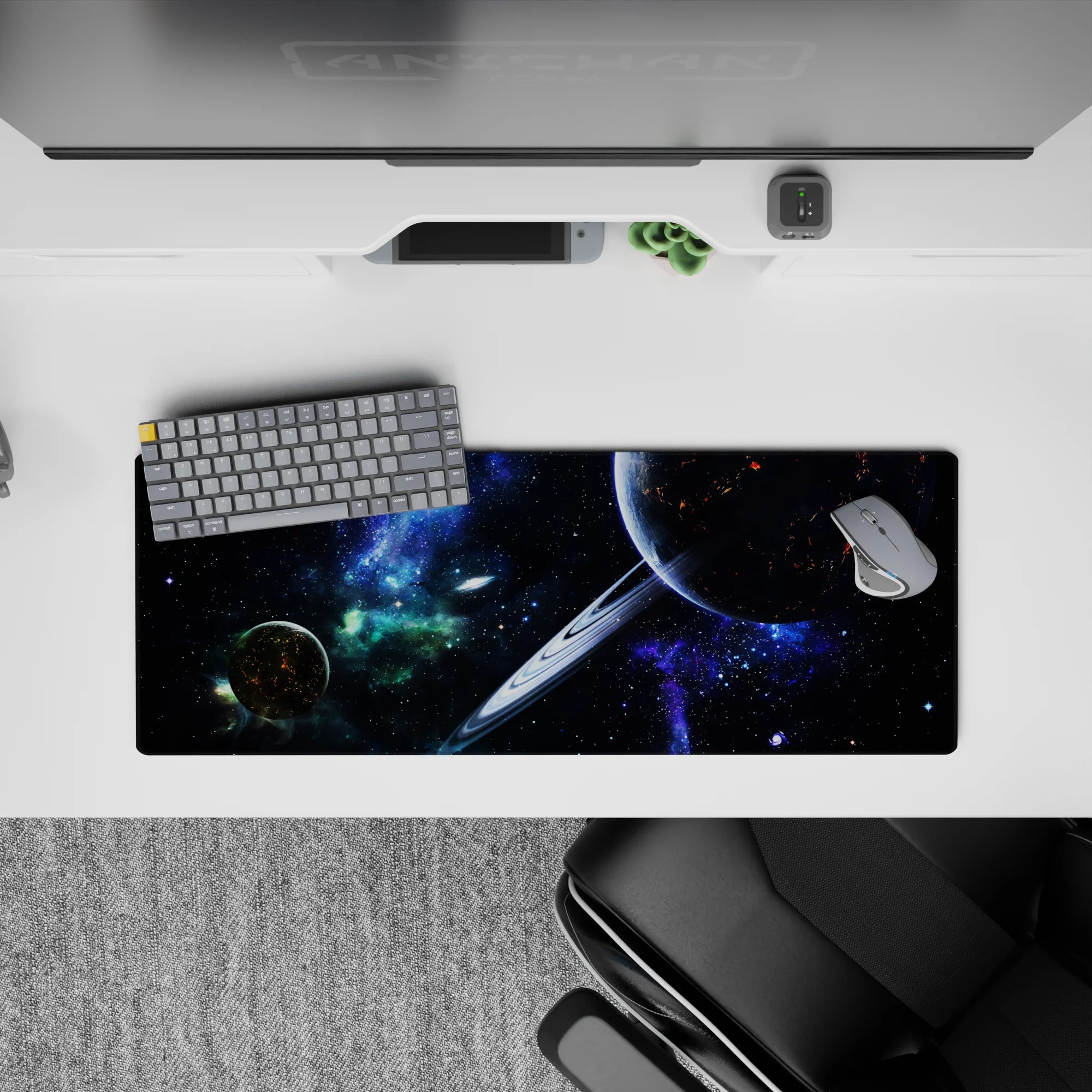 Neon blue and space-black mouse pad 32x12 inches with green nebula mist for a dreamy sci-fi mood.