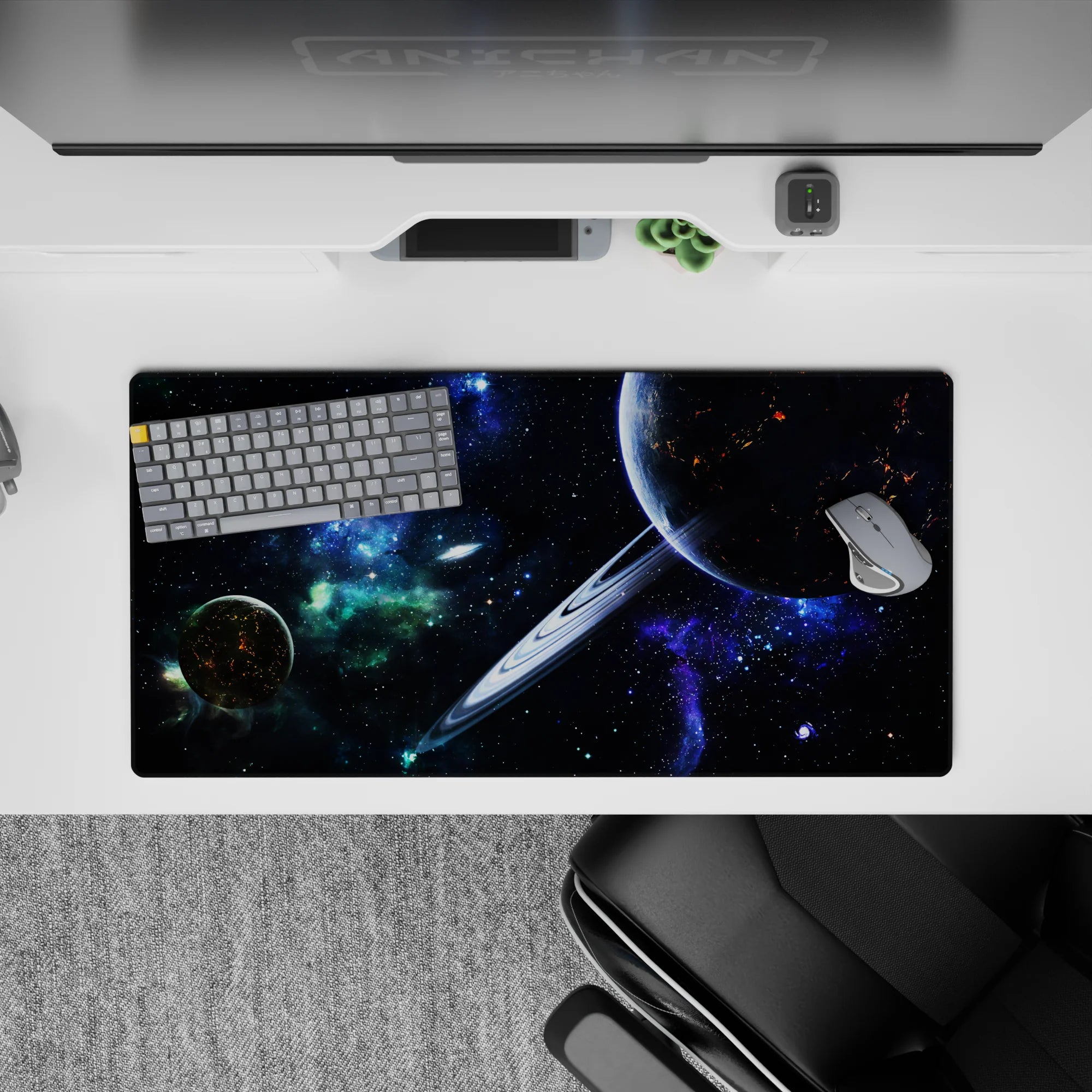 Dreamy sci-fi mouse pad 32x16 inches in deep space black, neon blues, and smoky green nebula tones.