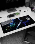 Ringed planet scene desk pad 36x16 inches with ember-like cracks against a star-splashed sky.