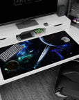Ringed planet scene desk pad 40x20 inches in star-filled space with glowing ember-like cracks on the planet.