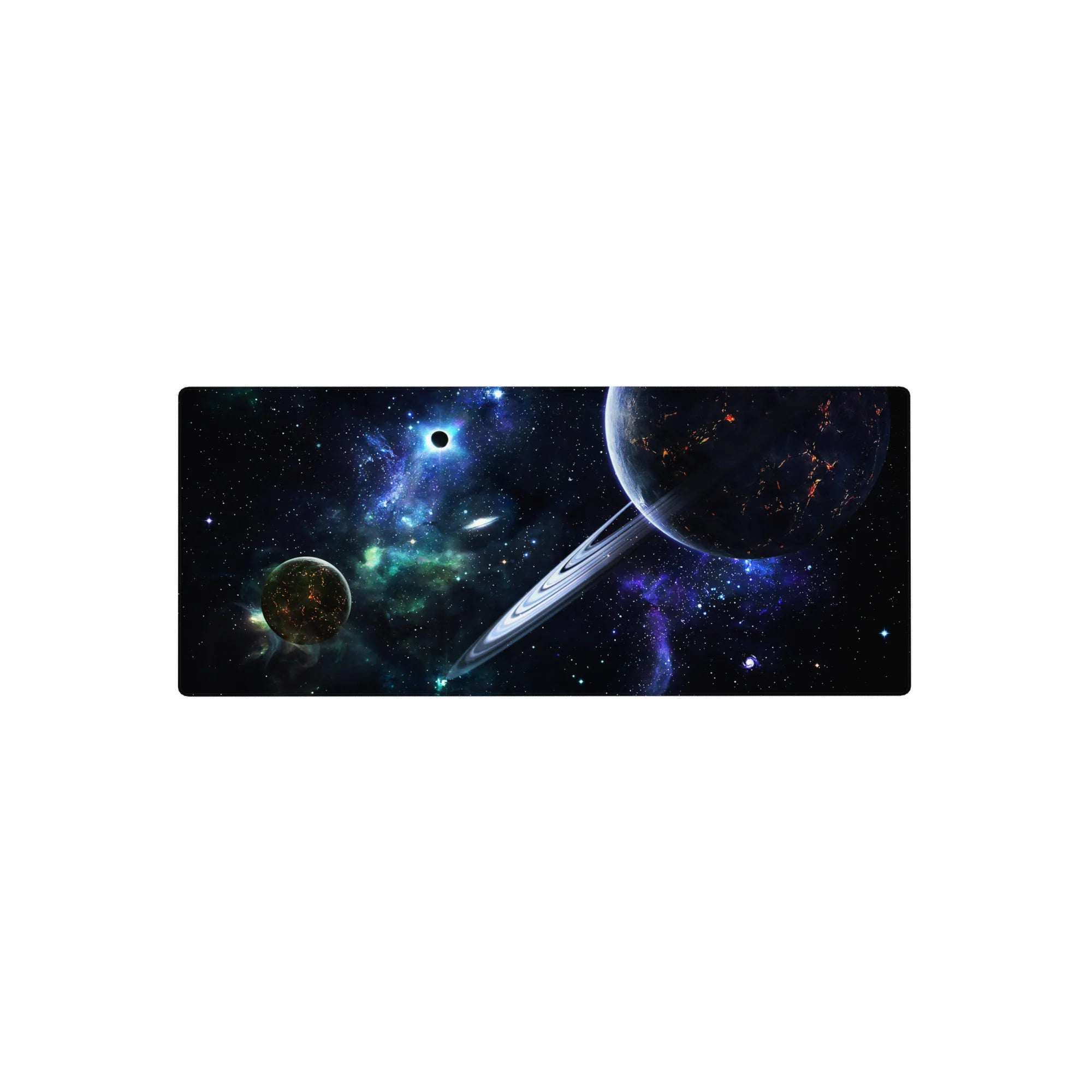 Cosmic ringed planet desk mouse pad, 28x12 inches, starry deep space design with nebula mist.