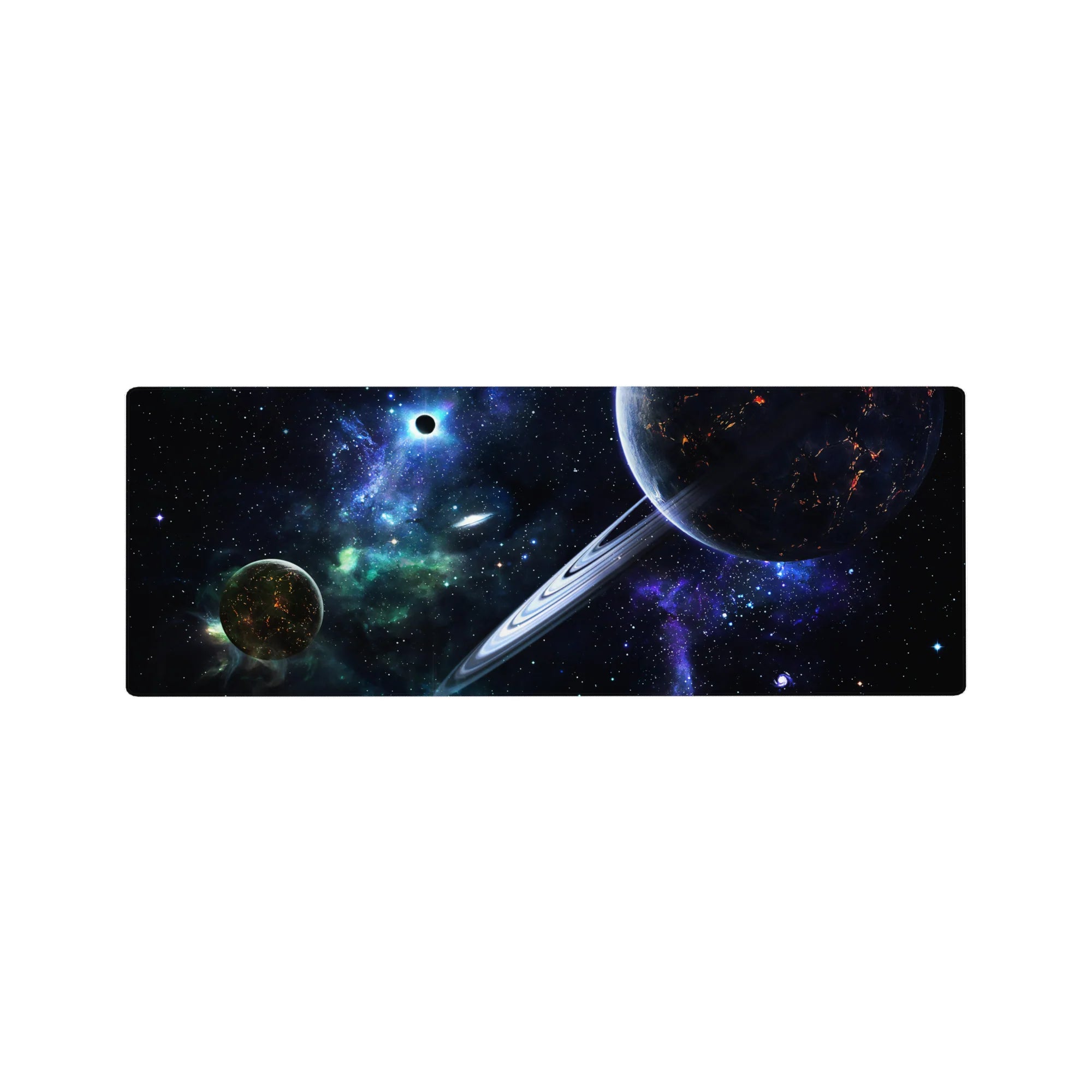 Cosmic ringed planet desk mouse pad 32x12 inches with starry deep space scene and nebula haze.