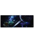 Cosmic ringed planet desk mouse pad 32x12 inches with starry deep space scene and nebula haze.
