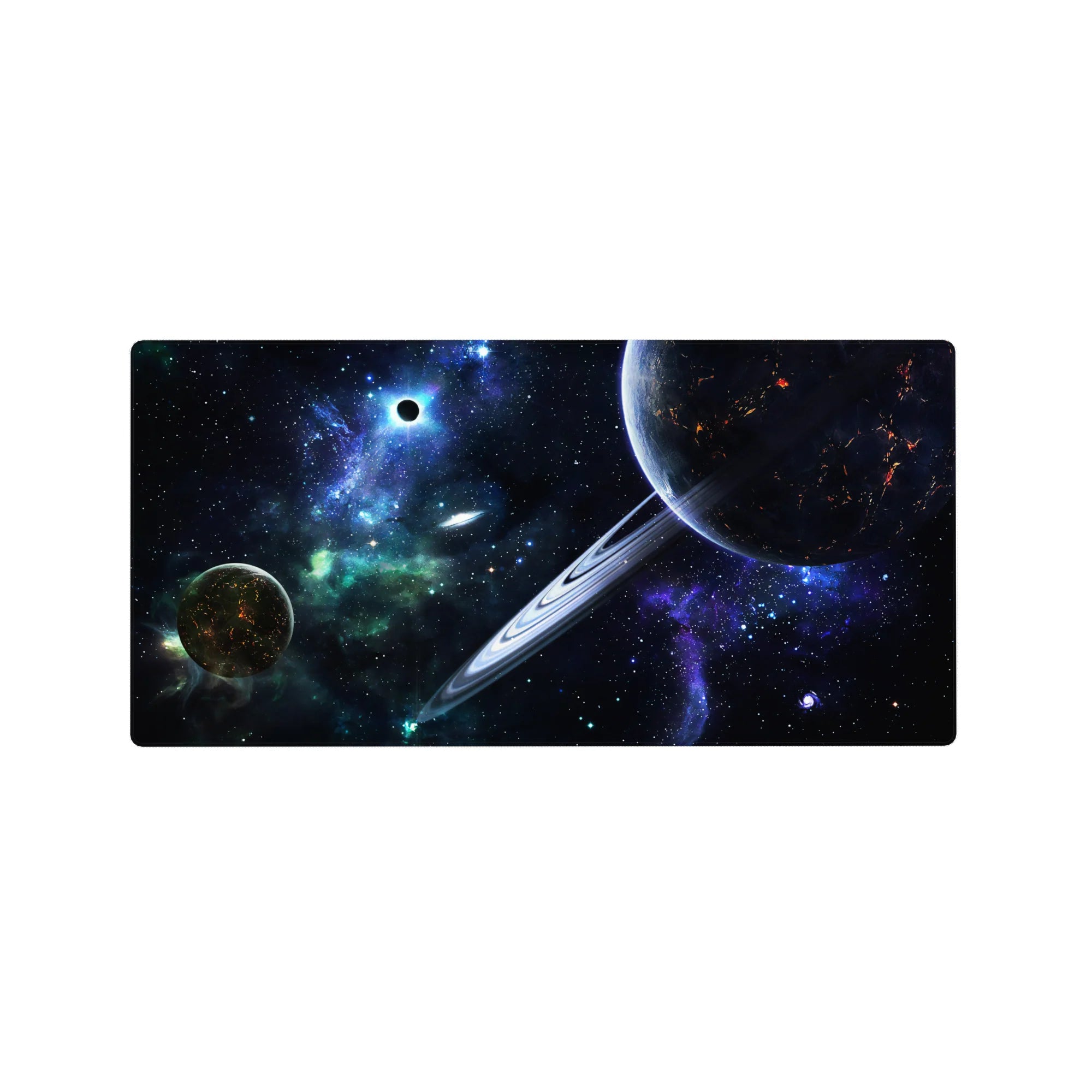 Cosmic desk mouse pad 32x16 inches with ringed planet, neon nebula haze, and starry black sky.