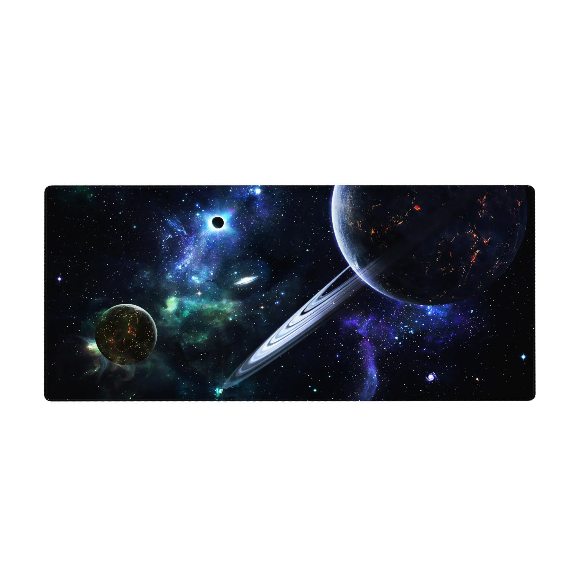 Space-themed desk pad 36x16 inches with ringed planet, starry sky, and nebula mist.