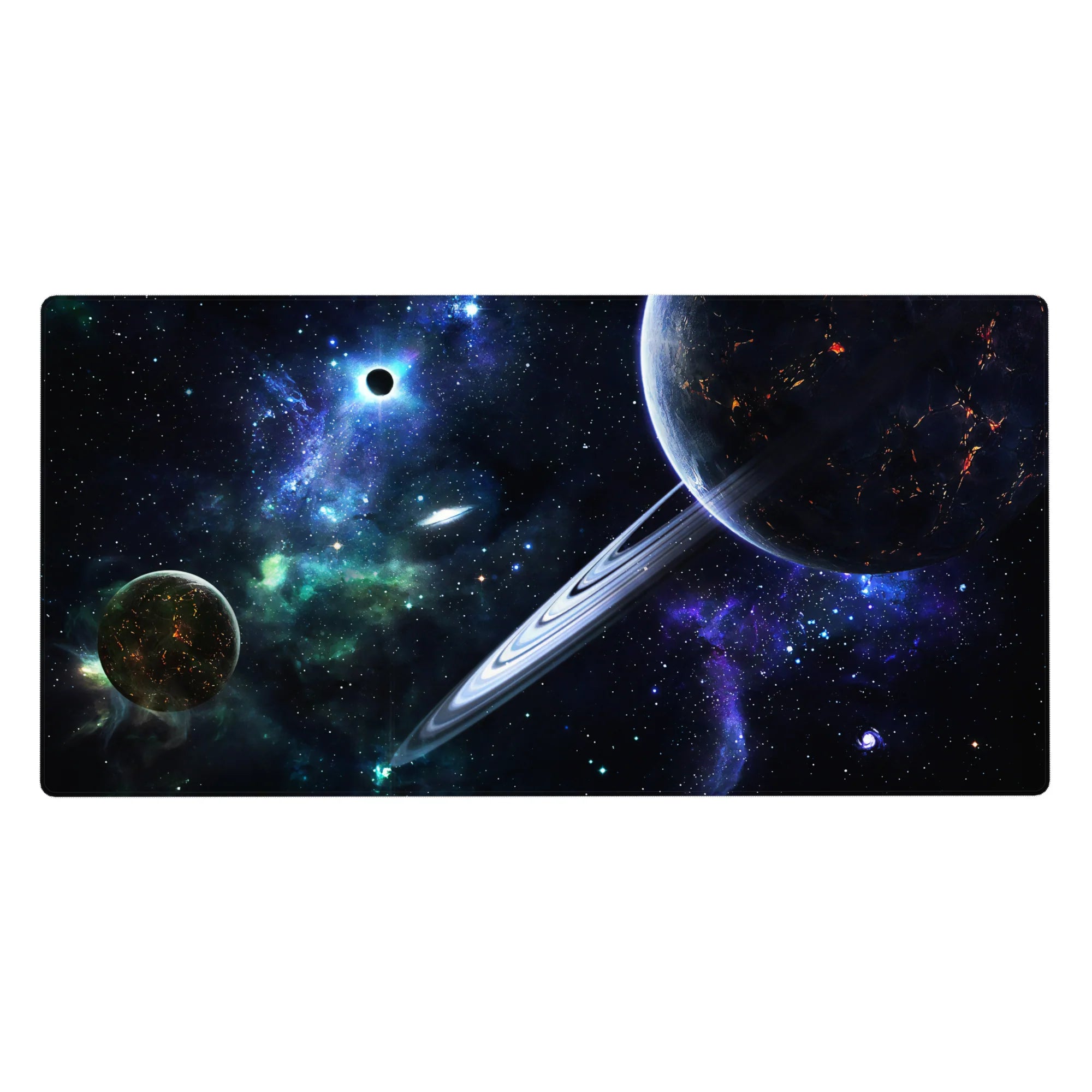 Cosmic space desk pad 40x20 inches with ringed planet, nebula mist, and starry black background.